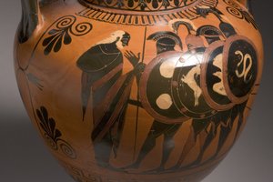 Ánfora de figuras negras áticas que representa escenas de la Guerra de Troya (detalle)